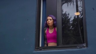 Girl with purple hair wants man who spies on her stroking