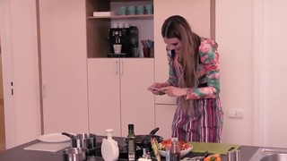 Hot MILF with big breasts blows lover's fuckstick in the kitchen
