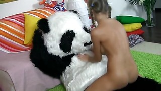 Infantile teen pleases pussy thanks to panda with plastic meatpipe