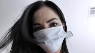 Dark-haired girl wears mask and mittens during hook-up with stepbro